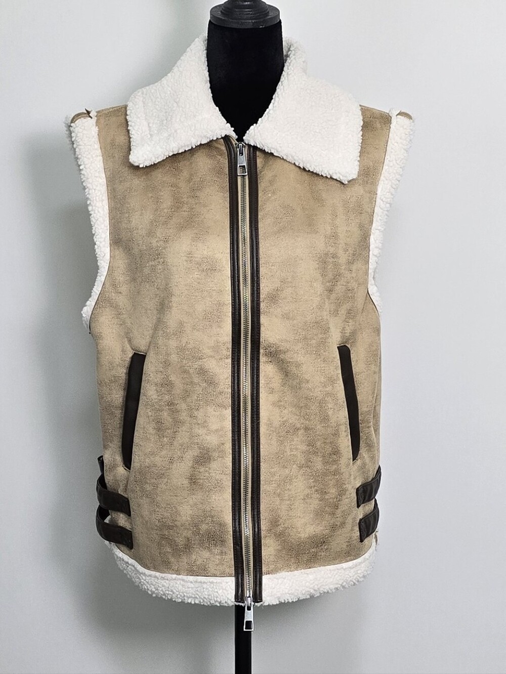 Wild Fable Tan Faux-Shearling Zip Vest with Cream Lining